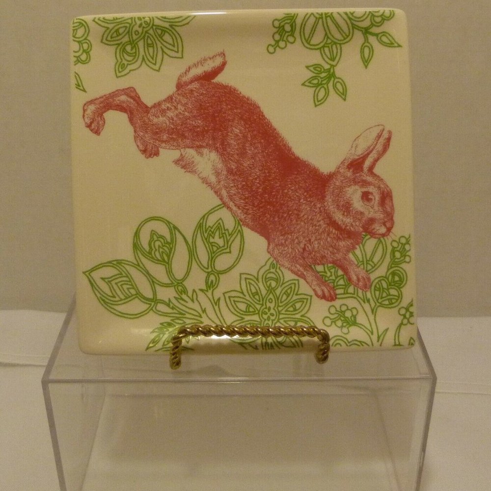 DEPARTMENT 56 Ceramic Square 6" Pink Bunny Rabbit Wall Hanger Plate Floral Decor
